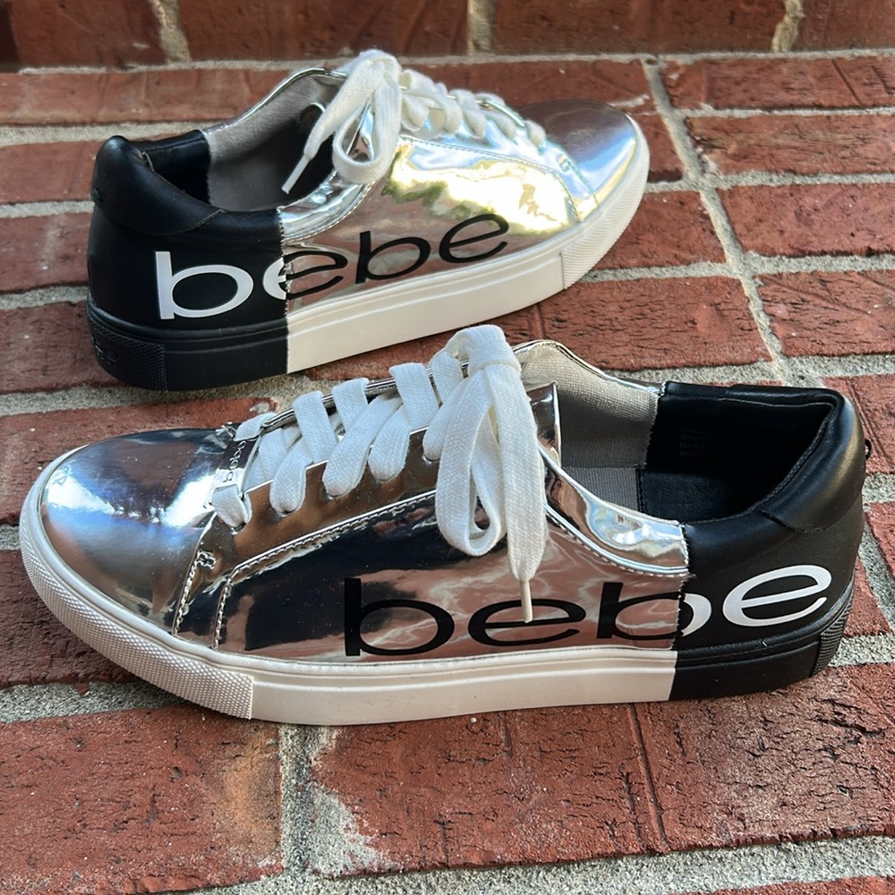 bebe Sport Metallic Silver/Black Logo Detailed Textile Sneakers